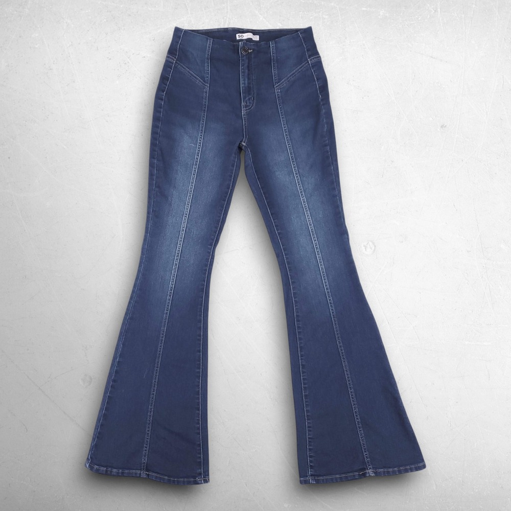 SO High Rise Flare Jeans Women Jr 9/29W Dk Blue 70s Boho Retro Hippie Indie Chic